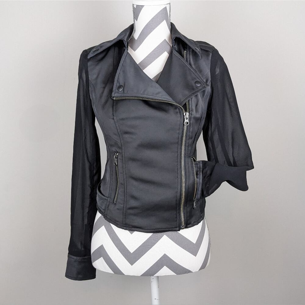 GUESS Satin Cropped Moto Jacket Sheer Sleeve Black XS Y2K - Picture 16 of 16